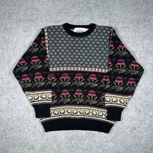 Vintage The Import Workshop Sweater Mens Small Black Floral Fair Isle Knit 90s